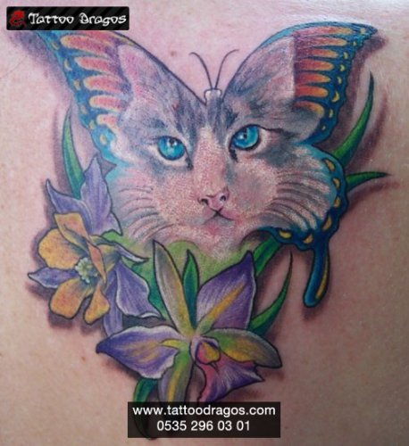 Kelebek Kedi Çiçek Tattoo