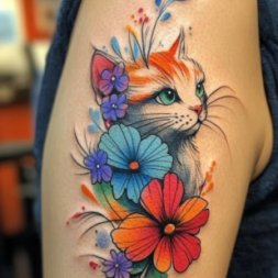 Kedi Çiçek Dövmesi